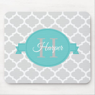 Teal Quatrefoil Personalized Mouse Pad