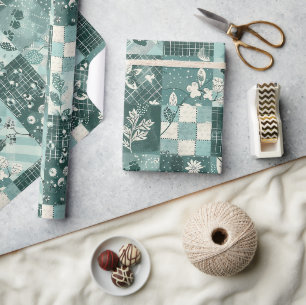 Teal Quilt Gingham Cottagecore Floral Wrapping Paper