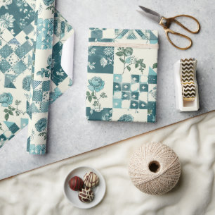 Teal Quilt Gingham Cottagecore Floral Wrapping Paper