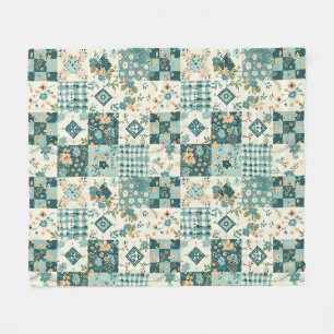 Teal Quilt Patchwork Gingham Cottagecore Floral Fleece Blanket