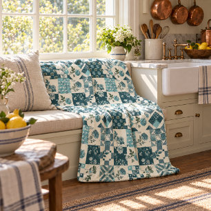 Teal Quilt Patchwork Gingham Cottagecore Floral Fleece Blanket