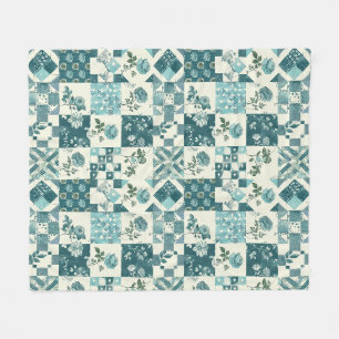 Teal Quilt Patchwork Gingham Cottagecore Floral Fleece Blanket