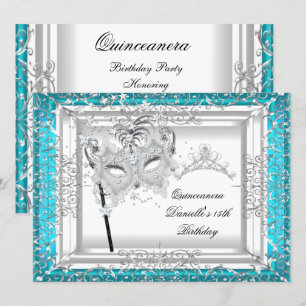 Teal Quinceanera 15th Birthday Tiara Masquerade Invitation