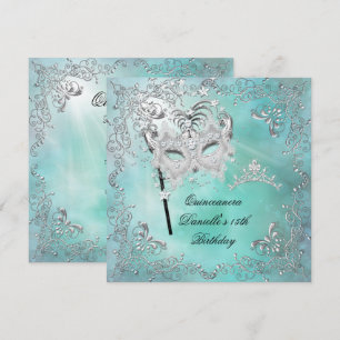 Teal Quinceanera 15th Birthday Tiara Masquerade Invitation