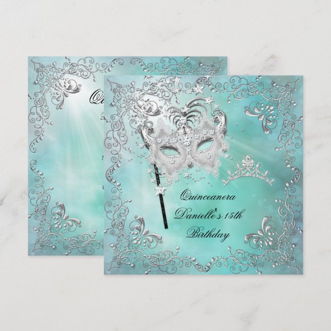 Teal Quinceanera 15th Birthday Tiara Masquerade Invitation (Front/Back)