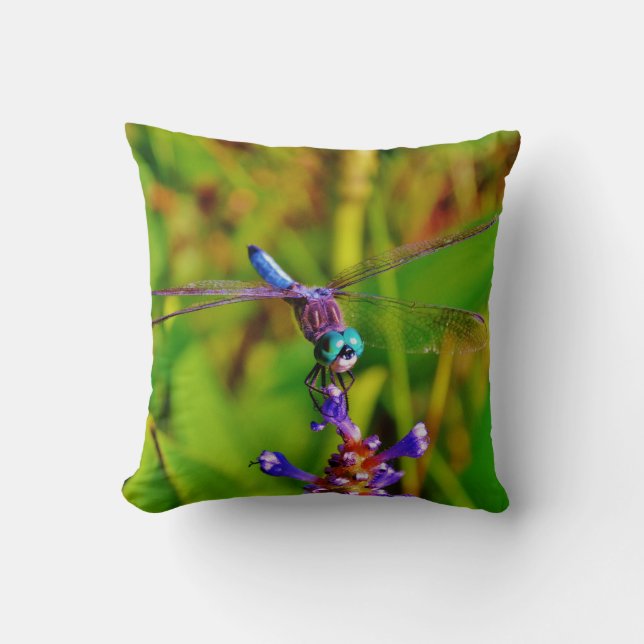 Teal Rainbow Dragonfly Throw Pillow (Front)