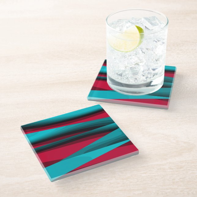 Teal-Red Abstract Glass Coaster (Angled)
