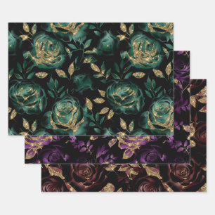 Teal Red and Purple and Gold Glitter Rose Pattern Wrapping Paper Sheet