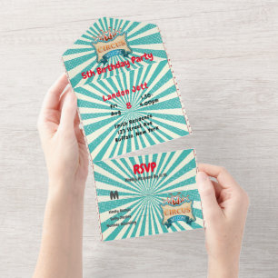 Teal Red Circus Tent Birthday Party All In One Invitation