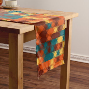 Teal, red, orange and yellow geometric short table runner