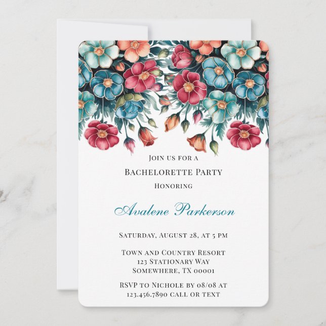 Teal Red Orange Bouquet Floral Bachelorette Party  Invitation (Front)