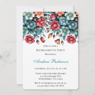 Teal Red Orange Bouquet Floral Bachelorette Party  Invitation
