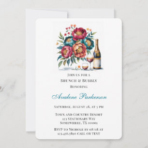 Teal Red Orange Bouquet Floral Brunch & Bubbly Invitation