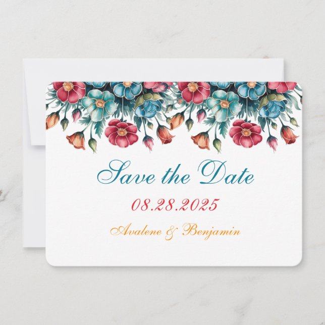 Teal Red Orange Bouquet Floral Gold Save the Date (Front)