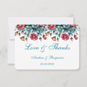 Teal Red Orange Bouquet Floral Gold  Thank You Card