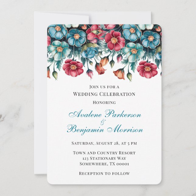 Teal Red Orange Bouquet Floral Wedding Celebration Invitation (Front)