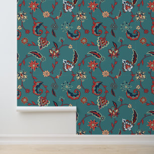 Teal & Red Persian Floral Pattern Wallpaper