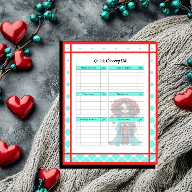 Teal Red Roses Sugar Skull Quick Grocery List Notepad (Creator Uploaded)