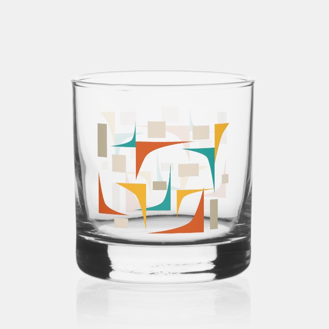 Teal Red Yellow Corners Mid Century Retro Whiskey Glass (Front)