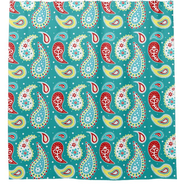 Teal Red Yellow Paisley Pattern Shower Curtain (Front)
