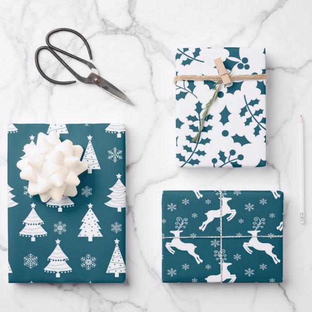 Teal Reindeer, Christmas Tree and Holly Patterns Wrapping Paper Sheet (Front)