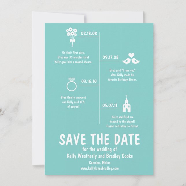 Teal Relationship Timeline Wedding Save the Date (Front)
