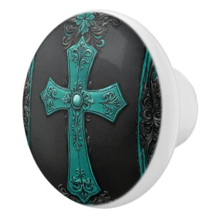 Teal Religious Christian Western Country Cross Ceramic Knob