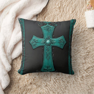 Teal Religious Christian Western Country Cross Throw Pillow