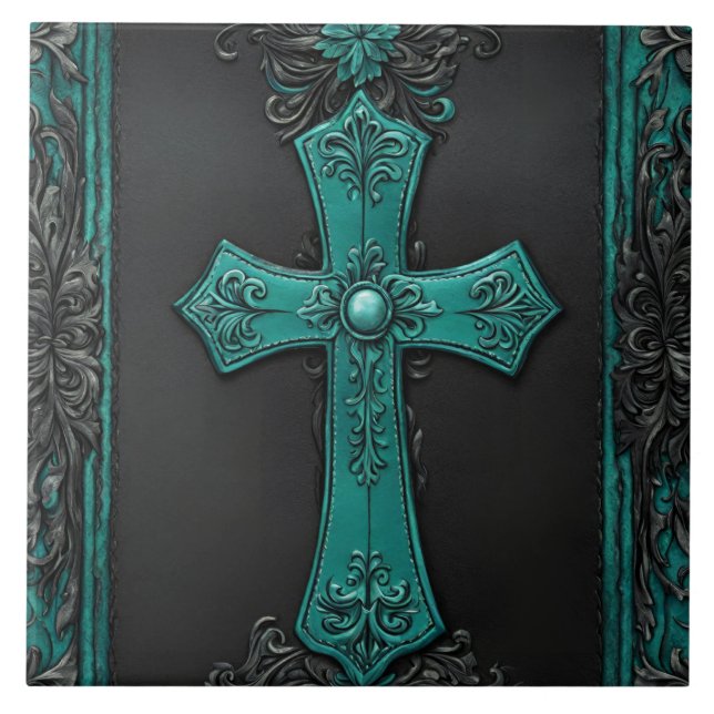 Teal Religious Christian Western Country Cross Tile (Front)