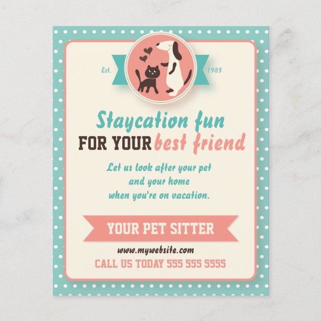Teal Retro Cat and Dog Pet Sitter Flyer (Front)