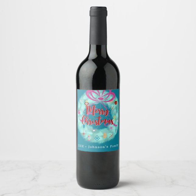Teal Retro Christmas Wreath Wine Label (Front)