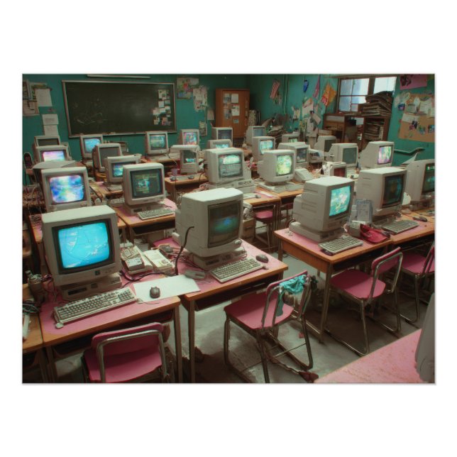 Teal Retro Computer Lab Classroom Poster (Front)