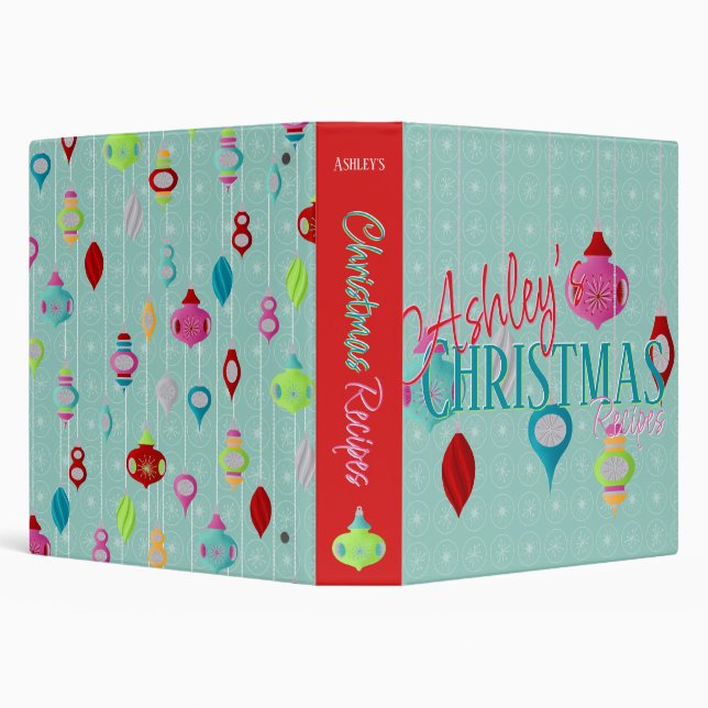 Teal Retro Ornaments Christmas Recipe Binder (Background)