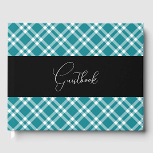 Teal Retro Plaid Pattern Wedding Guest Book