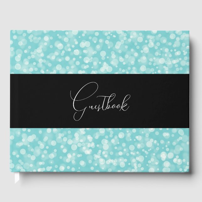 Teal Retro Speckled Bokeh Wedding Guest Book (Front)