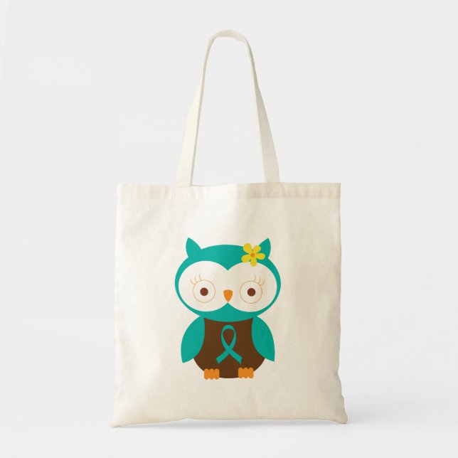 Teal Ribbon Awareness Owl Tote Bag (Front)