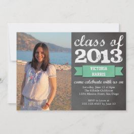 Teal ribbon banner chalkboard photo graduation invitation