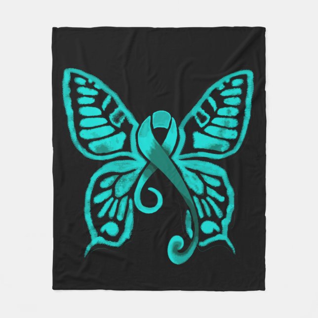 Teal Ribbon Butterfly! Fleece Blanket (Front)