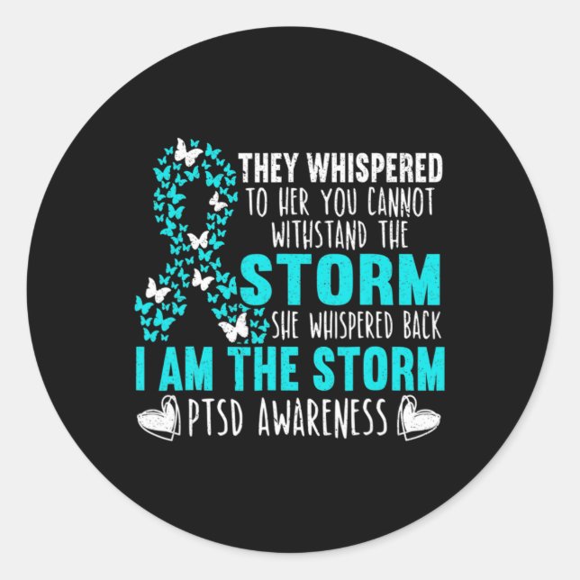 Teal Ribbon Butterfly The Storm Warrior Ptsd Aware Classic Round Sticker (Front)