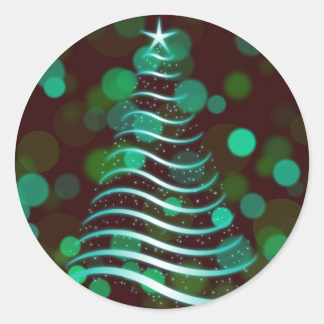 Teal Ribbon Christmas Tree on Holiday Bokeh Classic Round Sticker (Front)