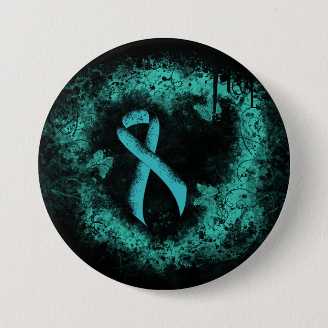 Teal  Ribbon Grunge Heart 3 Inch Round Button (Front)