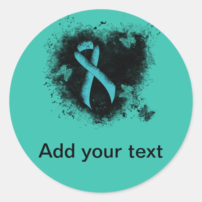 Teal  Ribbon Grunge Heart Classic Round Sticker (Front)