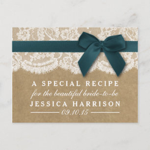 Teal Ribbon On Kraft & Lace Bridal Shower Recipe Invitation Postcard
