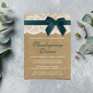 Teal Ribbon On Kraft & Lace Thanksgiving Dinner Invitation