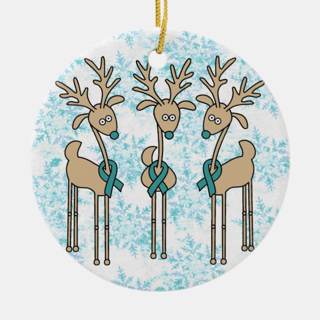 Teal Ribbon Reindeer (Ovarian Cancer) Ceramic Ornament (Front)