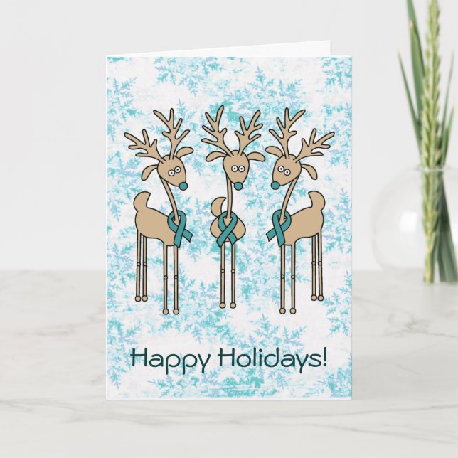 Teal Ribbon Reindeer (Uterine Cancer) Holiday Card (Front)