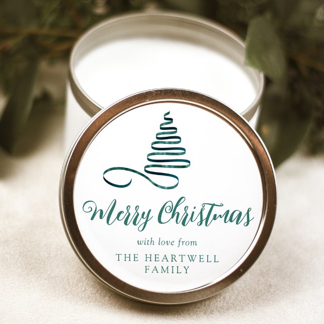Teal Ribbon Tree Merry Christmas Script Classic Round Sticker (Creator Uploaded)