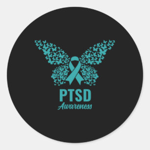Teal Ribbon With Butterflies- Ptsd Awareness  Classic Round Sticker
