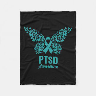 Teal Ribbon With Butterflies- Ptsd Awareness Fleece Blanket