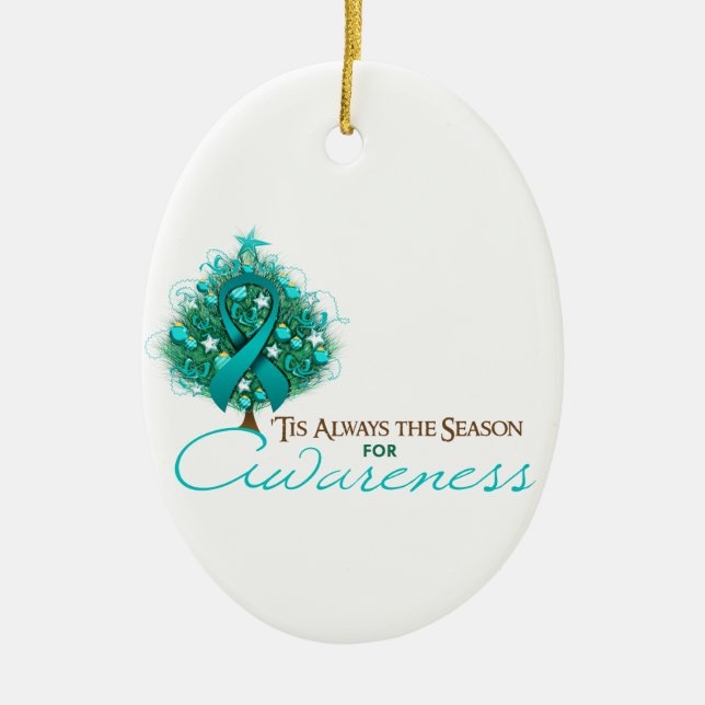 Teal Ribbon Xmas Awareness Season Ceramic Ornament (Front)